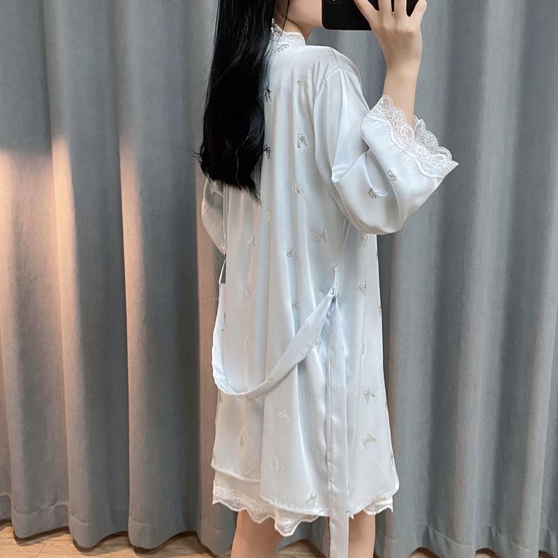 Women's Ice Silk Pajamas: Sexy Lace-Trim Nightgown with Silver Butterfly Robe & Chest Pads