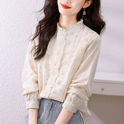 Hochwertiges Baumwollhemd Damen Frühling und Herbst Spitze Durchbrochene Bluse mit Unterhemd Langärmliges Hemd
