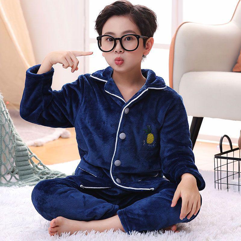 Flannel Boys' Pajama Set - Coral Fleece, Medium-Large, Plus Velvet, Thickened for Autumn/Winter