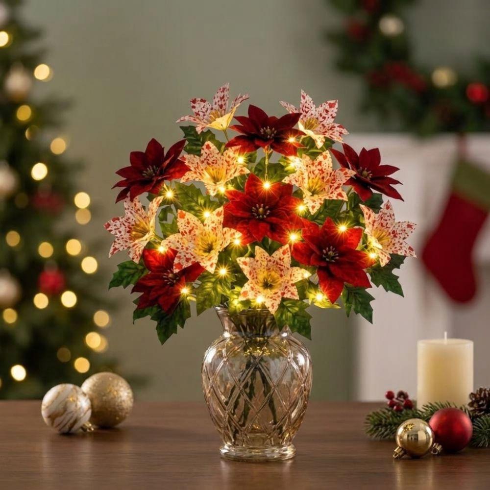 20Pcs UV Resistant Artificial Poinsettia Flowers with Light Realistic With Green Leaves Christmas Flower Bouquet Fade Resistant