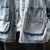 Denim Jacket Blouse Shirt for Women Long Sleeve Large Pockets Casual Oversize Stand Collar Loose Coat Top