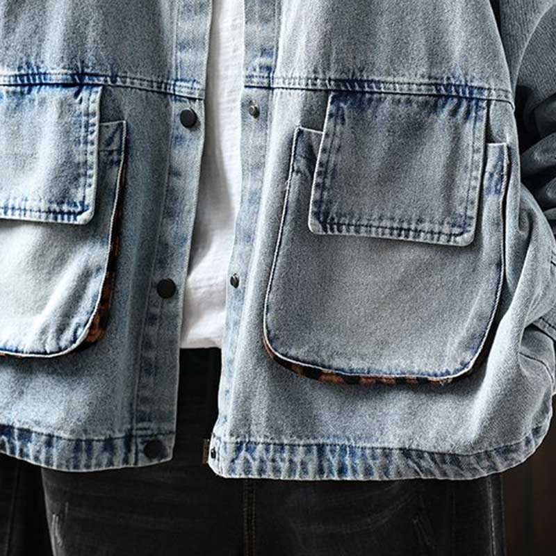 Denim Jacket Blouse Shirt for Women Long Sleeve Large Pockets Casual Oversize Stand Collar Loose Coat Top