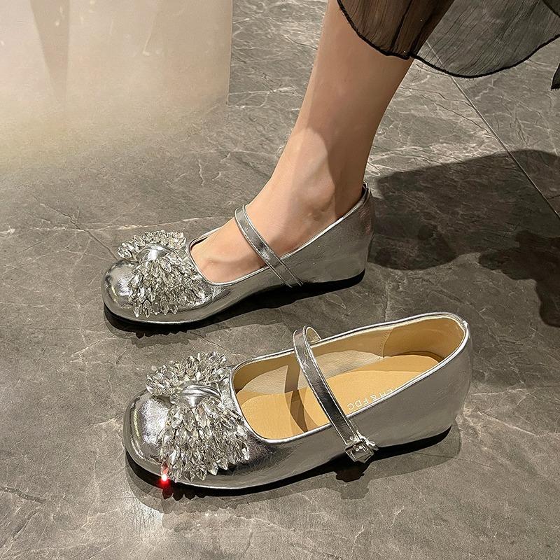 Inside Heightened Low Heel Single Shoes Women's Round Toe Shallow Slip Rhinestone Bow One Strap Soft Sole Low Top Shoes
