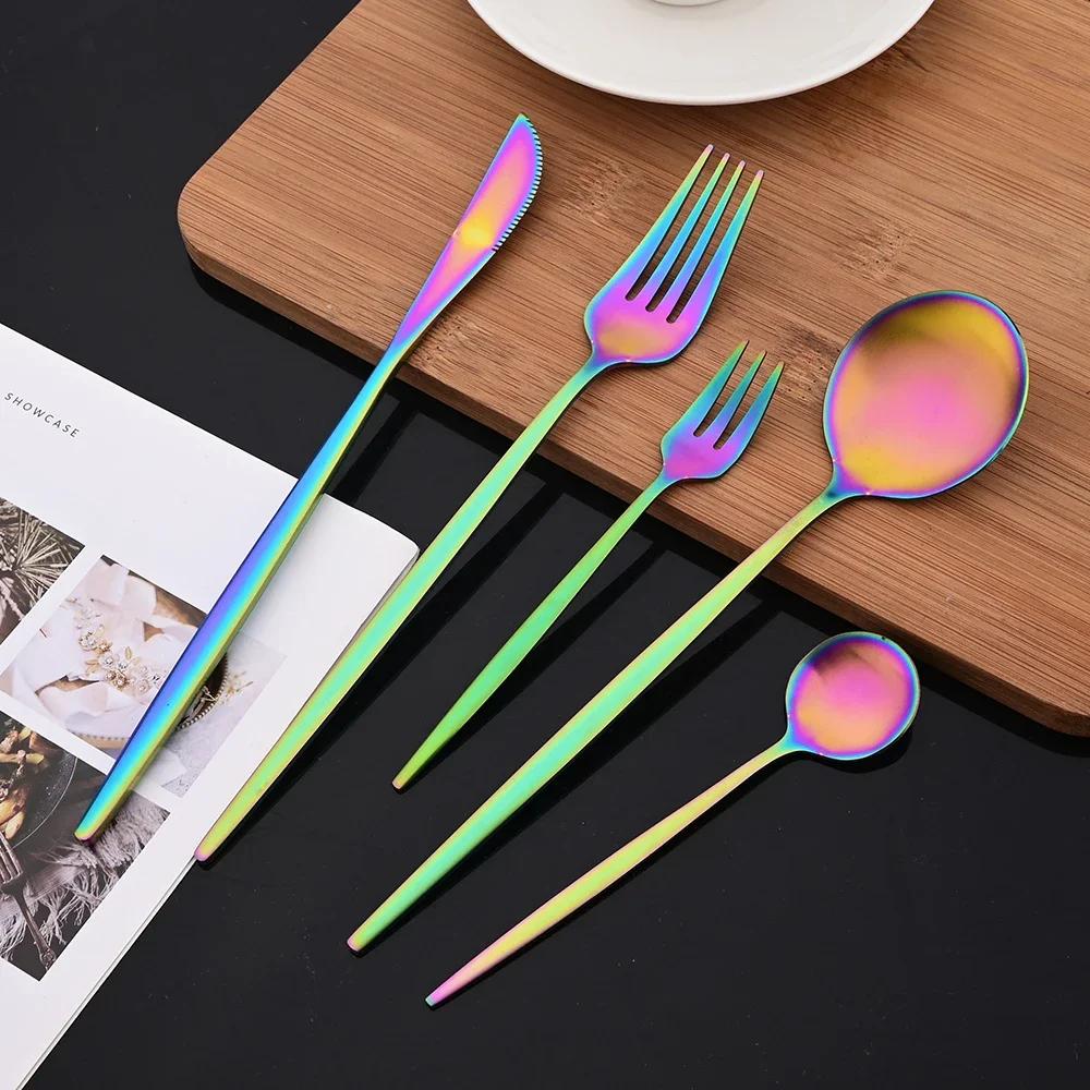 20Pcs Luxury Matte Flatware Set Kitchen Stainless Steel Tableware Set Hotel Dinnerware Set Rainbow Cutlery Set Gift Korean Bowl