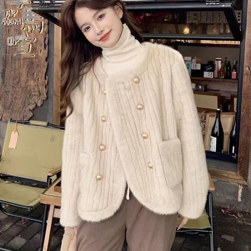 Women's Winter Faux Mink Fur Coat Cotton Padded Thickened Korean Style Double Breasted Overcoat