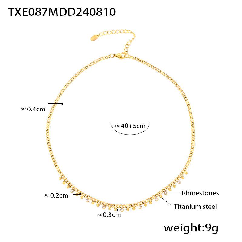 18K Gold-Plated Titanium Steel Necklace & Bracelet Set with Round Bead Spacer & Diamond Tassel