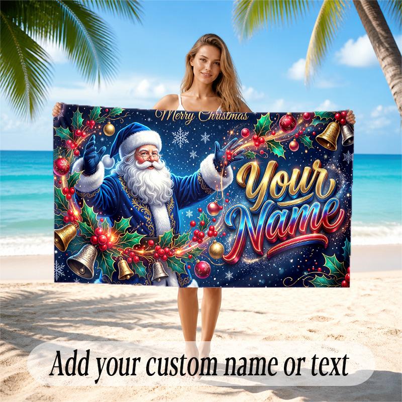 Christmas Theme Quick Dry Beach Towel Custom Name Text Print Large Sand Resistant Towel Beach Vacation