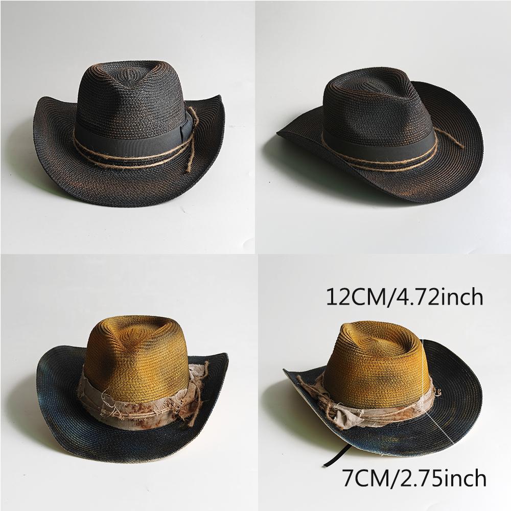 Painted Tie-Dye Cowboy Hat Unisex Sun Hat Wide-Brimmed Malleable Straw Woven Western Cowboy Hat Music Club Party Holiday Hat