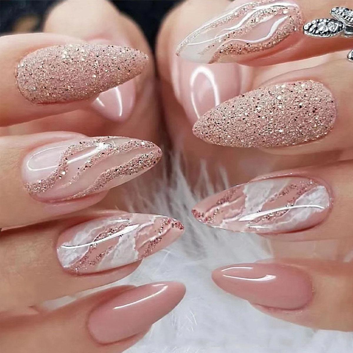 

24Pcs Long Almond Press On Nails, Nude Pink with Rose Gold Glitter & Marble Wave Fake Nails Kit United States
