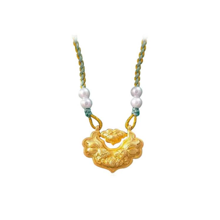Vietnamese Sand Gold Koi Fish Necklace - Copper Gilded Retro Peace Lock Pendant