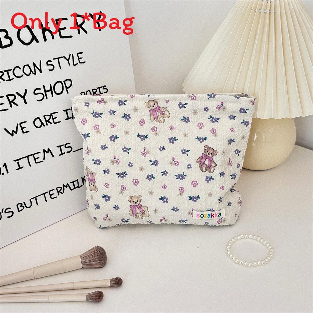 Cute Bear Makeup Bag With Floral Pattern And Polyester Material For Travel Storage