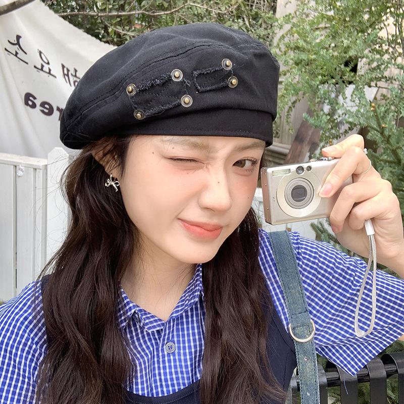 Ретро Винтажная Стиранная Джинсовая Беретка Детская 2025 Универсальная Окружность Головы Подчеркивающая Лицо Маленькая Художественная Шляпа M（56—58cm） чёрный