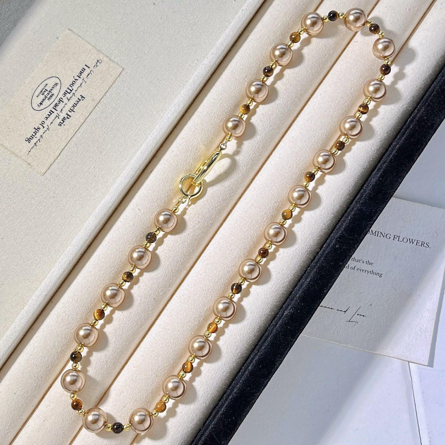 

Maillard Autumn And Winter Natural Tiger S Eye Artificial Crystal Pearl Design Necklace Clavicle Chain Sweater Chain