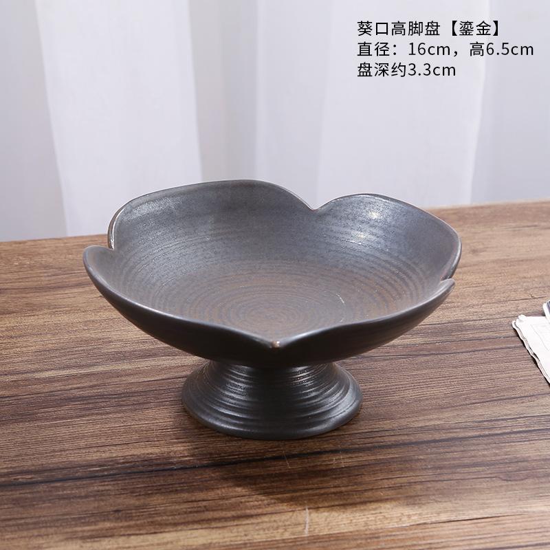 Chinese Retro Glazed Ceramic Plate High Foot Fruit Dish Japanese Zen Tea Tray for Home