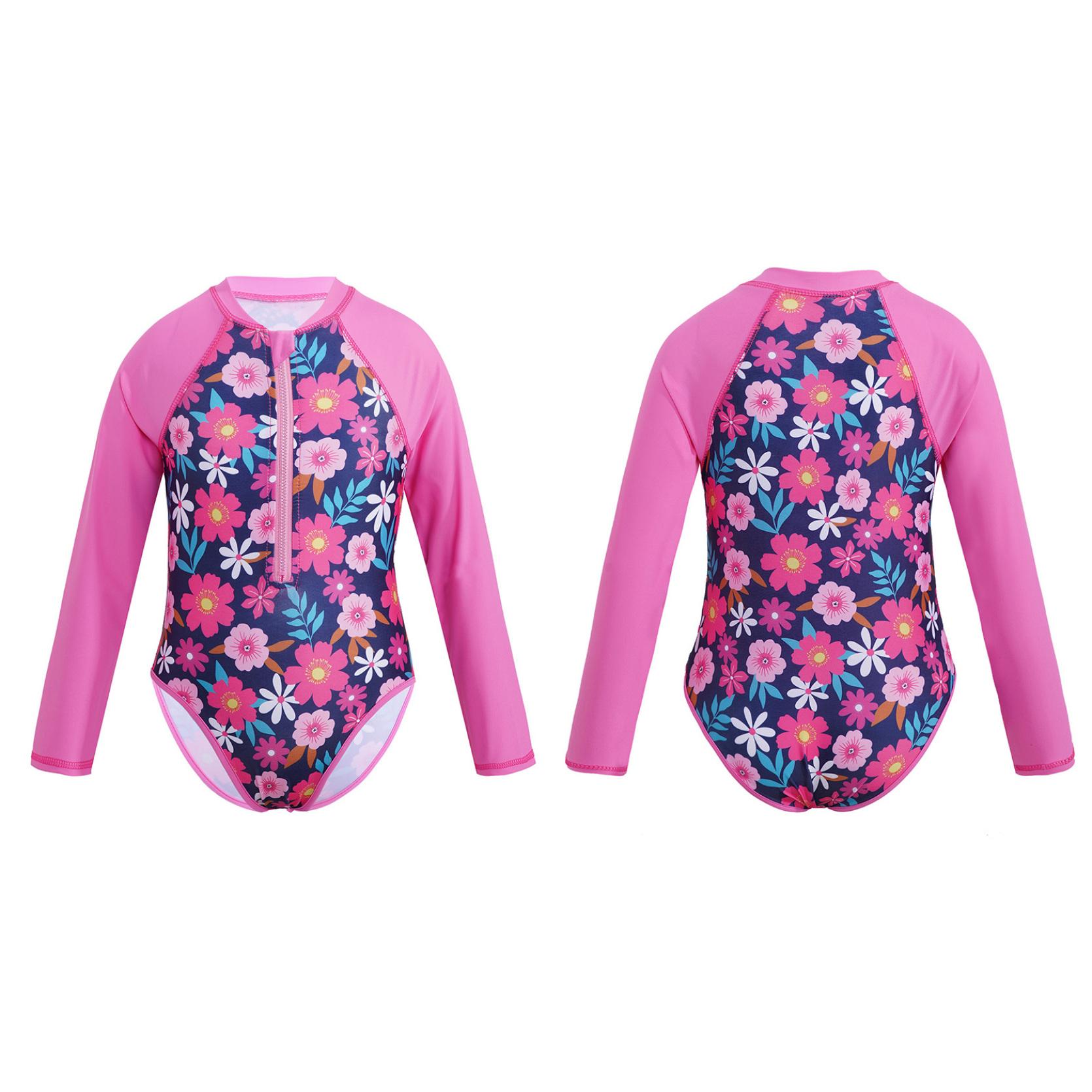 IEFiEL Kindermeisjeszwempak met lange mouwen, palmprint, badmode met ritssluiting, badpak, Rash Guard bodysuit, strandkleding 3-4 Years rozerode kleur