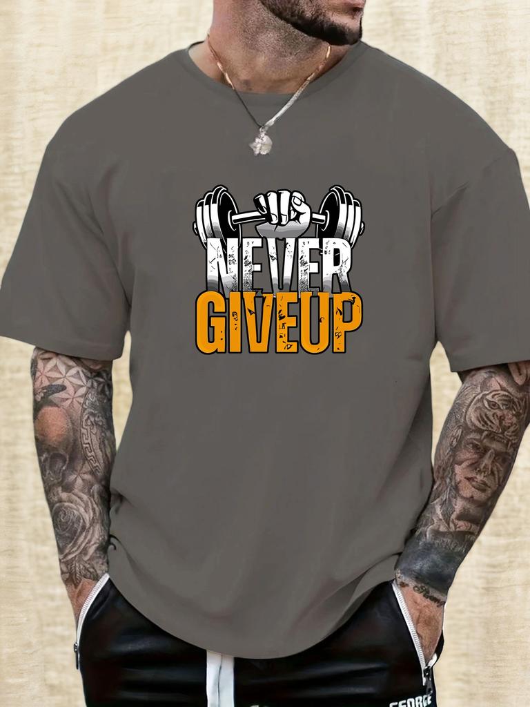 Gym Tshirt 2025 Summer Essential Mens Comfy Everyday Trendy Never Give Up Barbell Print 100 Cotton Short Sleeve Casual Top