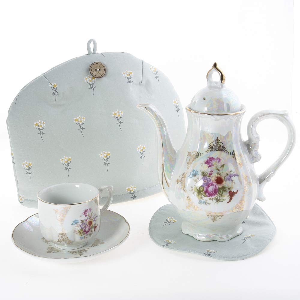 Stylish Scandinavian-style tea cozyteapot cover in grayish green with floral accents. Crafted by artisans Sachiko and Akiko Kawashima. Made in Japan