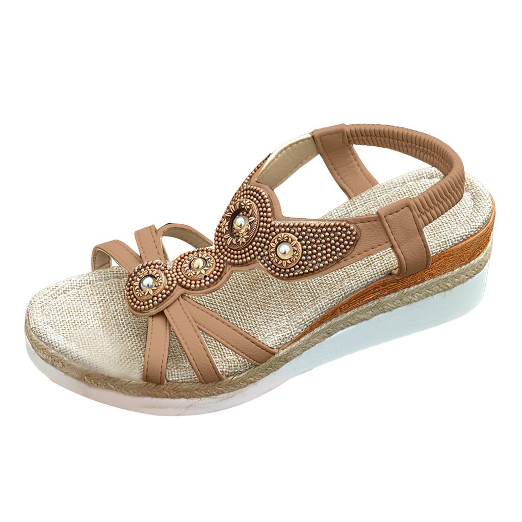 Wedge Sandals For Women Thong Women'S Thick Soled Wedge Heeled Sandals Fashionable Rhinestone Beaded Hollow Chaussure Femme