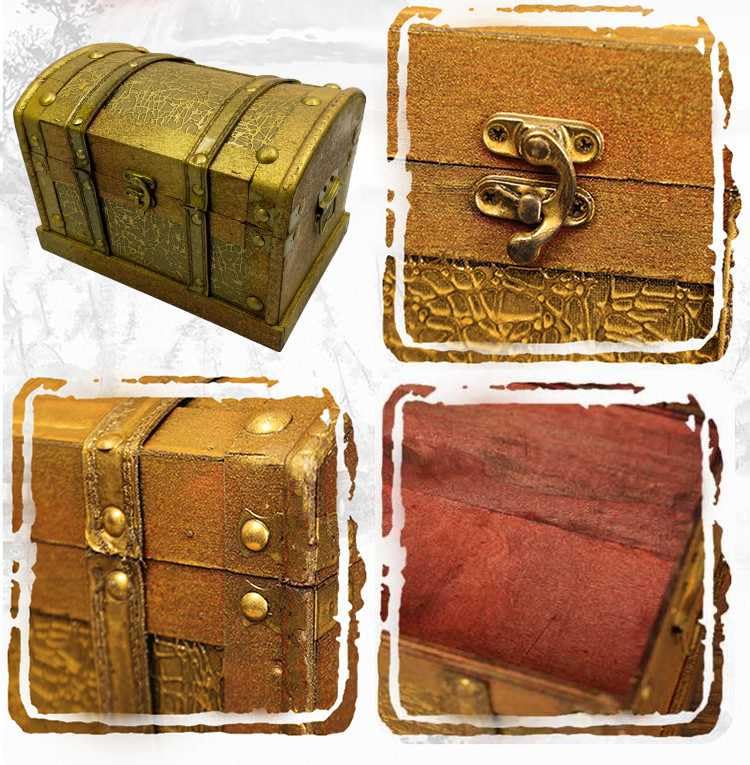 Lunari Antique-Style Treasure Chest, Wooden, Gold Storage Box, Retro Interior Trunk, Wooden Box, Pirate Trinket Box