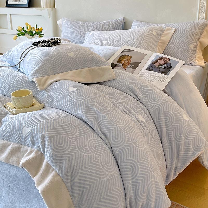 Thickened Milk Fleece Four-Piece Korean Carved Coral Fleece Double-Sided Flannel Quilt Cover Bed Sheet Bedding