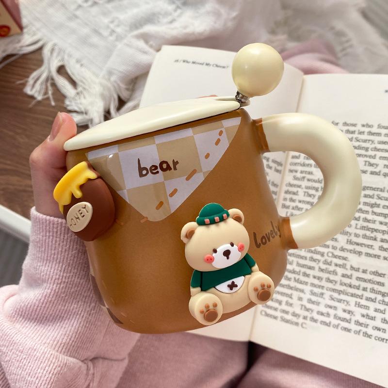 Creative magnetic bear mug cute ceramic mug with lid spoon Korean coffee cup large capacity drinking cup