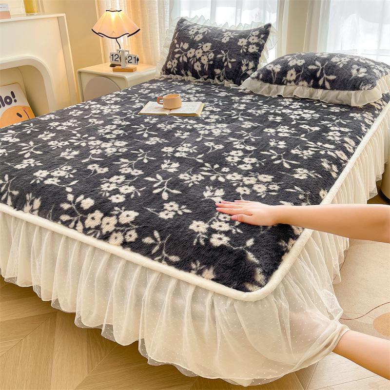 French Rabbit Fur Double-Layer Lace Fitted Sheet Bed Skirt 3-Piece Set