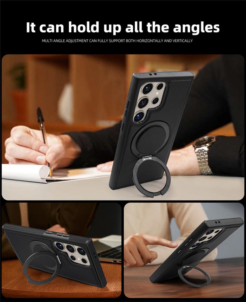 Genuine Leather Phone Case For Magsafe Samsung S24 S25 Ultra S23 S22 Ultra Plus Magnetic Rotating Metal Holder Stand Back Cover