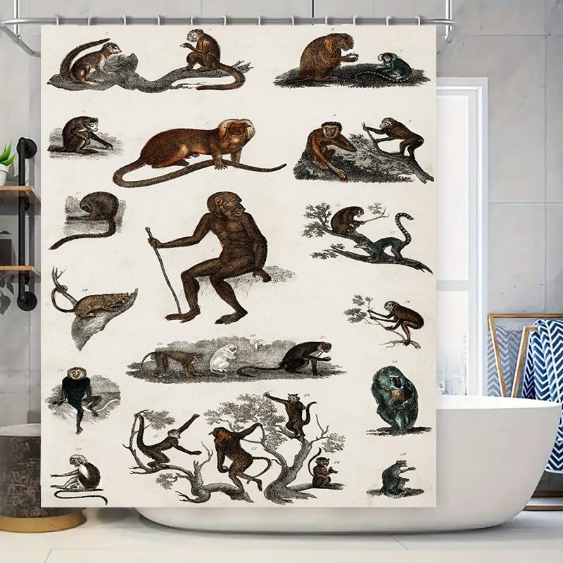 

Luxury Bathroom Decor: Classic Monkey Art Print Shower Curtain Set For Home Decoration Black White Animal Design Printed Fabric W60H190(CM)-1 Pcs