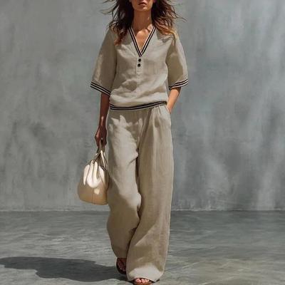 European & American Linen V-neck Casual Suit: Women's Loose Wide-leg Pants Two-piece Set - Summer Fashion 2026