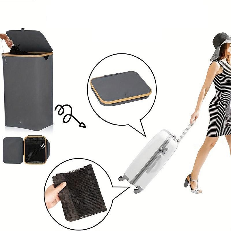 Bamboo + Oxford Cloth Collapsible Clothing Storage Laundry Basket with Lid