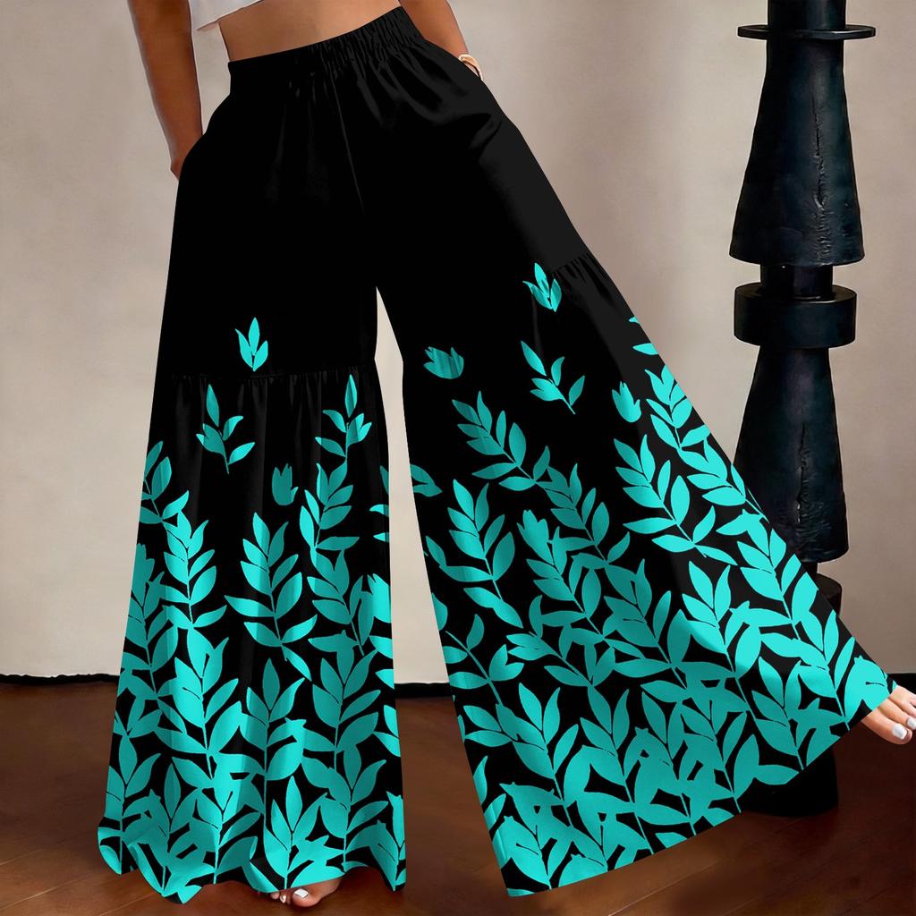 Women High Waist Loose Fit Lightweight Wide Leg Pants Vintage Floral Print Flowing Long Trousers Casual Relaxed Style