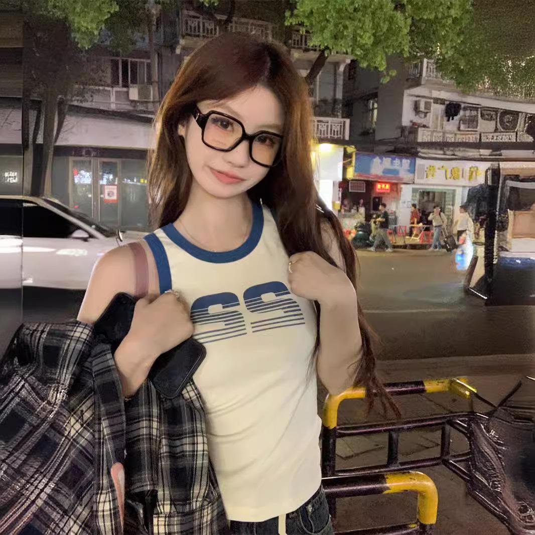 

American letter print suspender vest women s summer new Spice Girl retro short T-shirt slim top trendy S