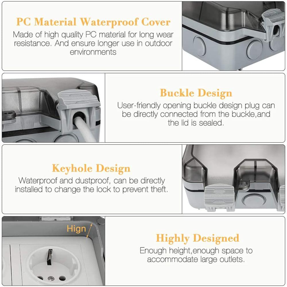 16A Outdoor Switched Waterproof Socket Wall Electrical Power Outlet Dual USB Ports 2 Gang