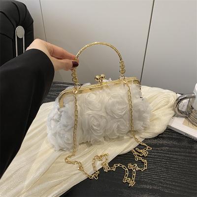Sac de soirée en mousseline à fleurs tridimensionnelles, sac cheongsam champagne pour femme, sac de robe fait main, sac décoratif à chaîne, sac à main.