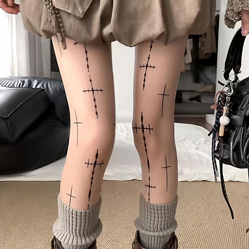 Neue Schwarze Strumpfhosen mit Gothic-Kreuz-Print für Mädchen Modische Leggings Strumpf Socke Damen Herbst Frühling Tägliche Kleidung Dunkle Strumpfhose
