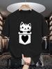 Unisex Crew Neck Tee Pocket Cat With Heart Cute Cartoon Print Soft Cotton Loose Short Sleeve Summer Casual Male Streetwear Tops