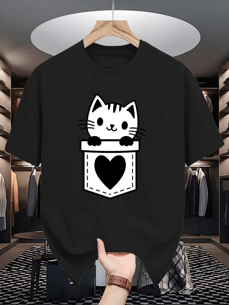 Unisex Crew Neck Tee Pocket Cat With Heart Cute Cartoon Print Soft Cotton Loose Short Sleeve Summer Casual Male Streetwear Tops