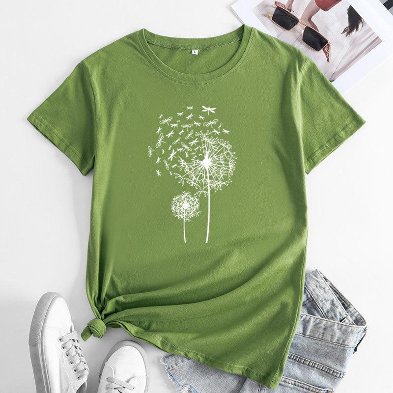 Summer Round Neck Dandelion Dragonfly Pattern Printed Top Fashionable Casual Short Sleeved Women's Pure Cotton T-shirts