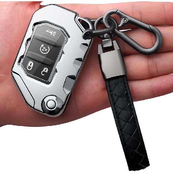 Autophone Compatible With Jeep Key Fob Cover With Leather Keychain Soft TPU Protection Key Case For 2018-2025 Wrangler JL JLU Rubicon Wagoneer