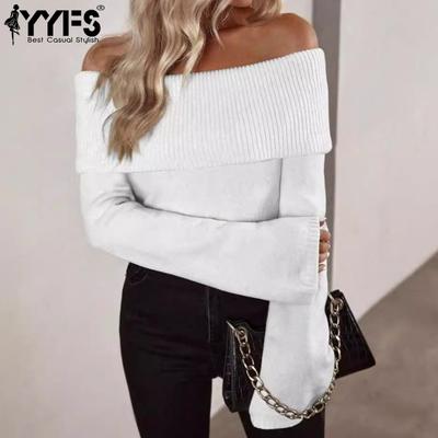 Women's Fashion Casual Fall Winter Solid Color Print Long Sleeve One Shoulder Sweaters