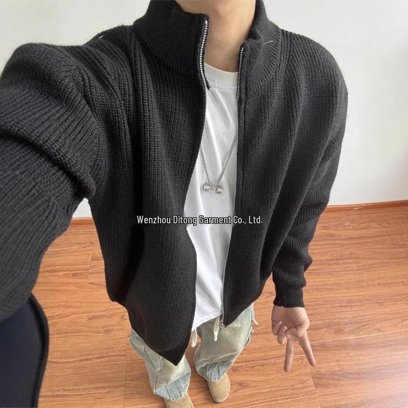 Men's Gray Knit Cardigan: Autumn Relaxed Fit Stand-Up Collar Jacket