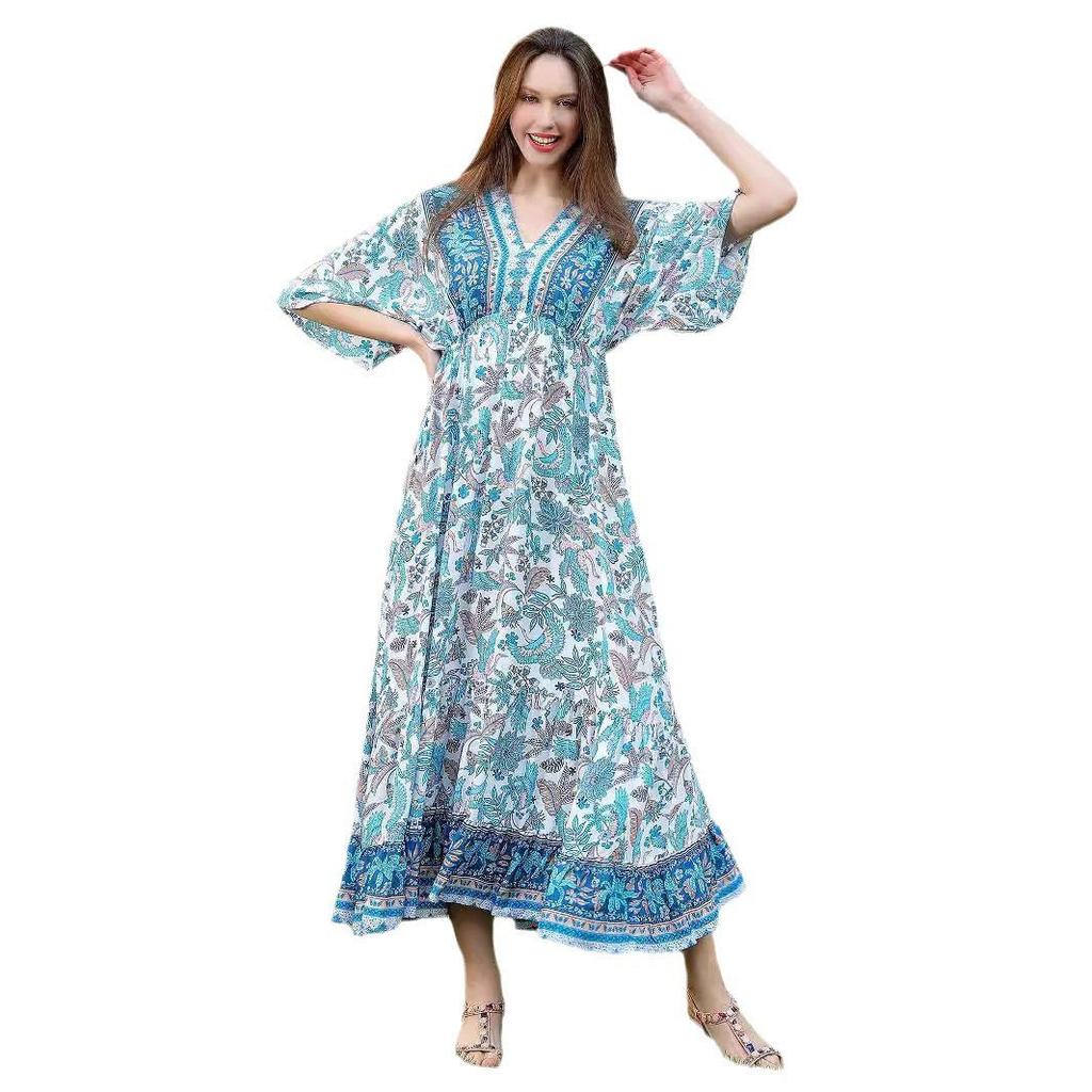 Bohemian Ethnic Print Rayon A-line Beach Dress - High Waist Long Seaside Vacation Dress