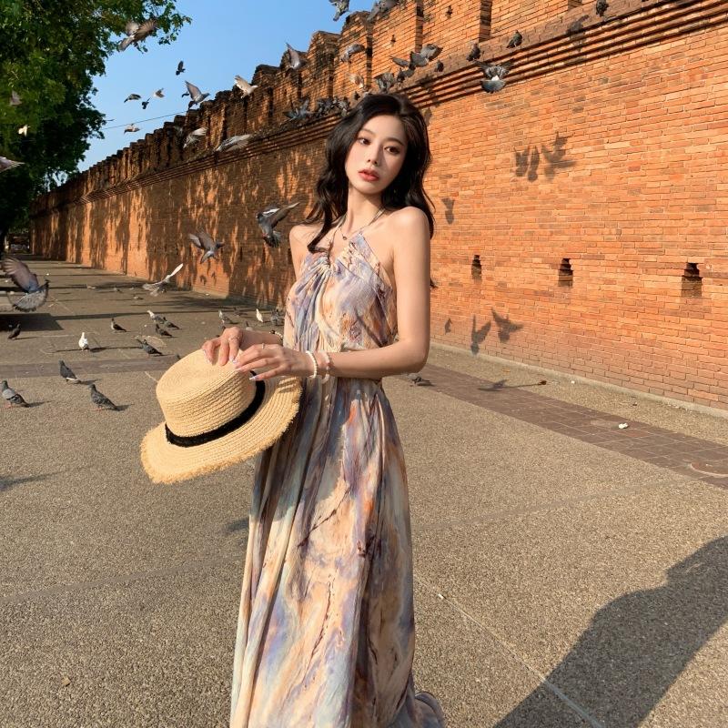 French Retro Oil Painting Gentle Floral Sling Waist Dress Seaside Vacation Dress Summer Island Skirt