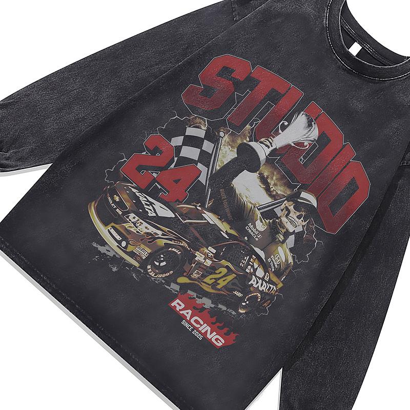 Amerikanische Trendmarke Vintage Retro Racing Digitaler Direktdruck Reine Baumwolle Gewaschen Locker Langarm-T-Shirt Herren