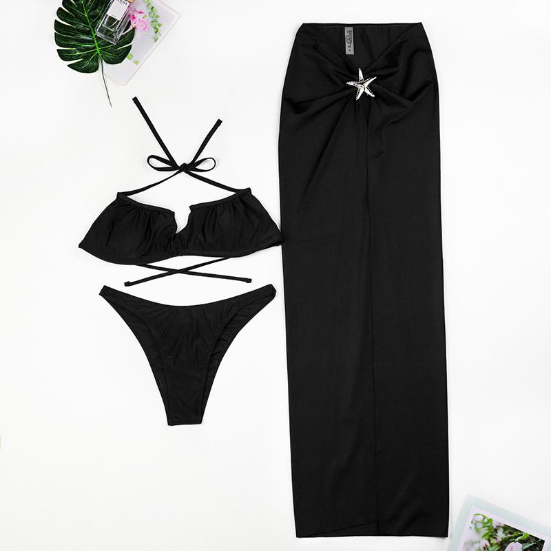 Sexy Push Up Bikini Set High Waist 3 Pieces Swimwear V Neck Biquini Swimsuit Vintage Brazilian Bathing Suit Beach Skirt