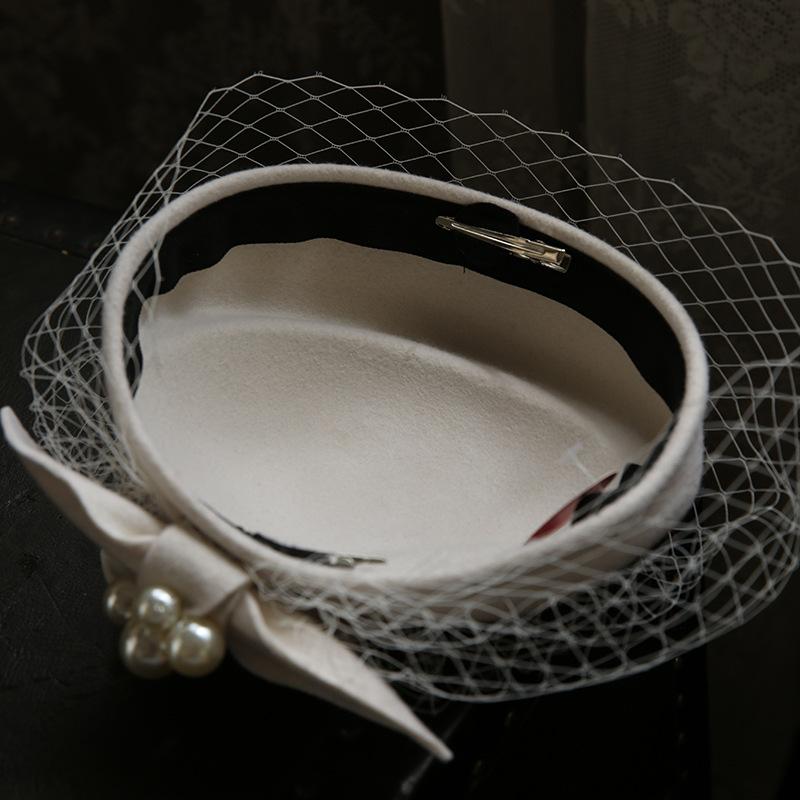 Französische Elegante Britische Vintage Netz-Barett Woll-Zylinderhut Hochzeitskleid Bankett Weiße Brautkopfbedeckung