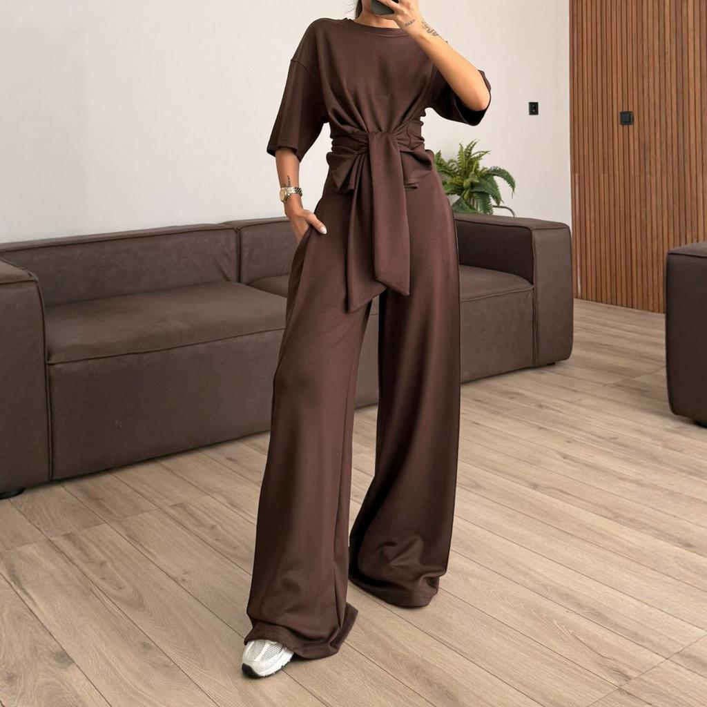 European and American women's clothing new round neck short-sleeved lace-up waist top mopping floor wide-leg pants temperament set