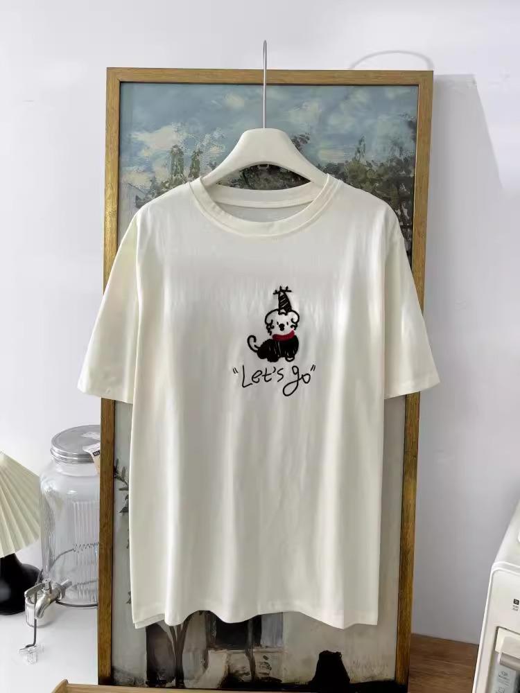 Korean Age-Reducing Red Scarf Puppy Embroidered Women's T-Shirt - Soft Cloud Cotton Brushed Short Sleeve Spring/Summer 2025