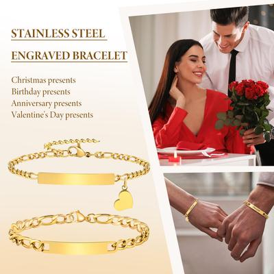 Bracelets assortis personnalisés pour couples, Maillons de chaîne Figaro Cubaine en Acier Inoxydable, Bracelets d'identification à pendentif Cœur avec gravure