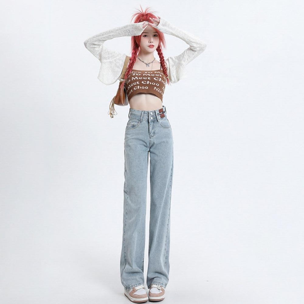 High Street Double-breasted Leather Brand Design Wide Leg Mopping Jeans Women's Spring and Summer New High Waist Straight Jeans